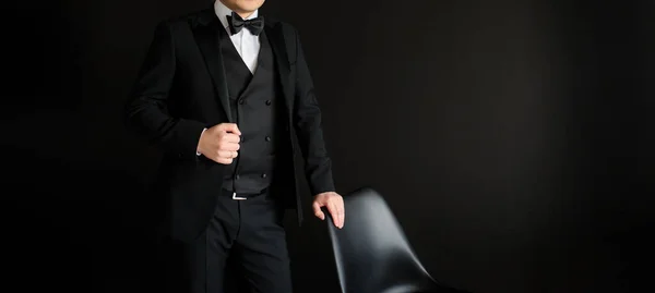 Close Man Who Arranging His Black Suit Black Background Copy — Stock Photo, Image