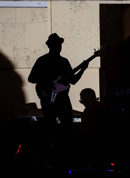 Silueta Guitarrista Escena Con Luz Espectáculo — Foto de Stock