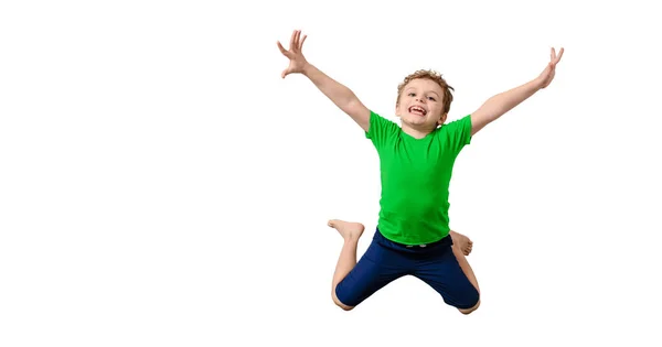 Happy Little Kid Boy Green Shirt White Background Smiling Laughing — Stock Photo, Image