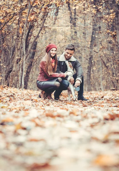 Donna e uomo accarezzano il cane portandola a spasso in un colorato ambiente autunnale — Foto Stock