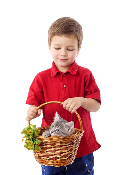 Little boy with kitten in basket — Stock Photo, Image