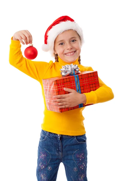 Mosolygó lány santa kalap, piros doboz — Stock Fotó