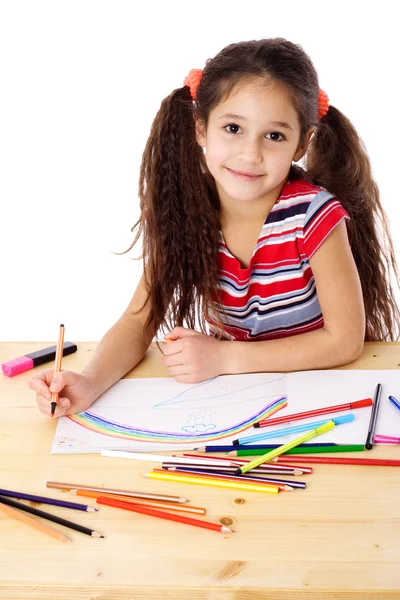 Sorrindo menina desenhar o arco-íris — Fotografia de Stock