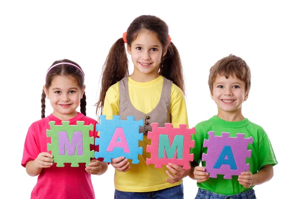 Three kids with letters — Stock Photo, Image