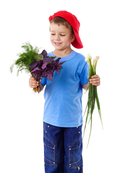 Usměvavý chlapec s cibulí a zelení — Stock fotografie