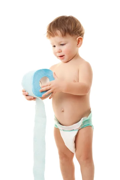 Petit garçon avec du papier toilette — Photo