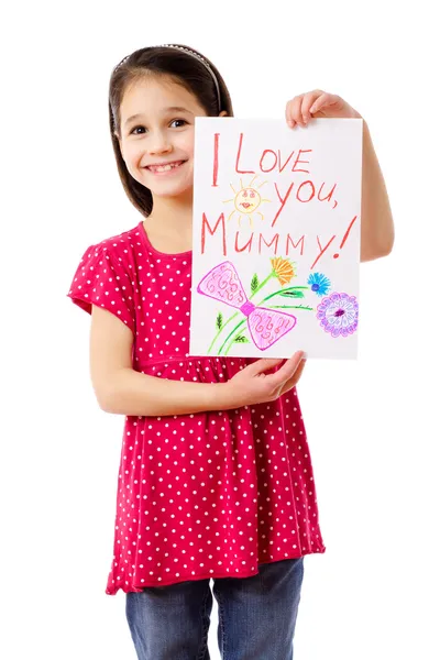 Niña con dibujo para mamá — Foto de Stock