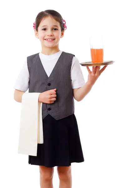 Little waitress with tray and glass of juice — Stock Photo, Image