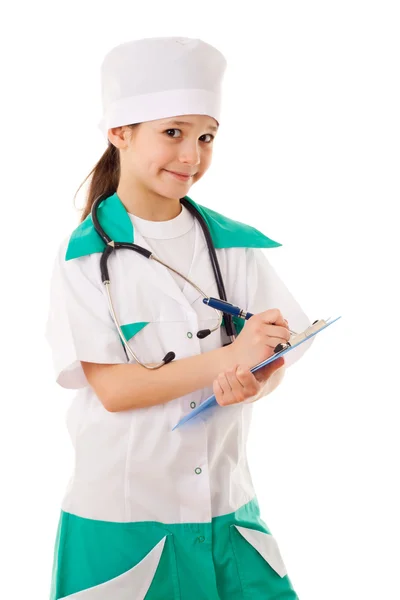 Liten flicka i en läkare kostym Royaltyfria Stockfoton