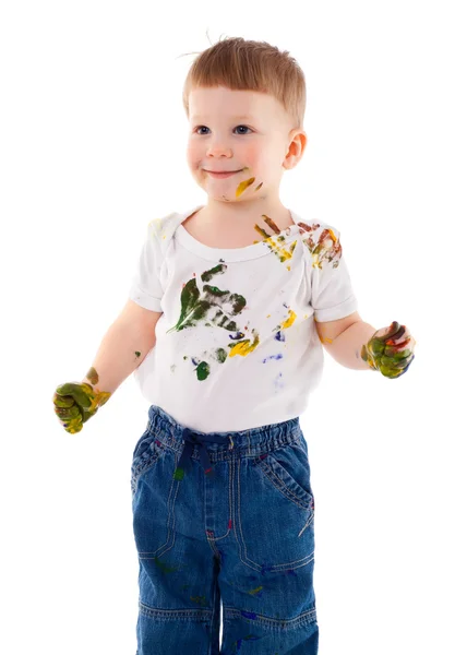 Little boy stained in paint — Stock Photo, Image