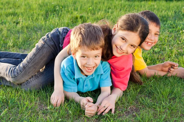 Three happy kids playing on the meadow Royalty Free Stock Photos