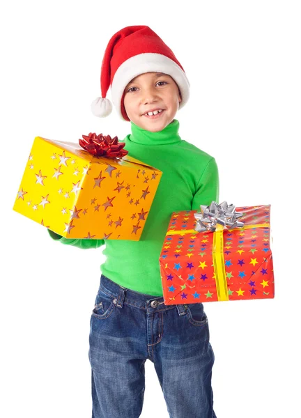 Garoto sorridente com caixas de presente — Fotografia de Stock