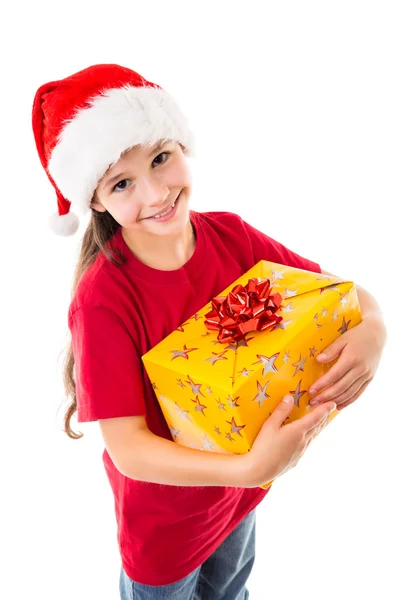 Ragazza in cappello Babbo Natale con confezione regalo — Foto Stock