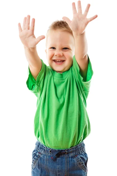 Lustiger kleiner Junge mit erhobenen Händen — Stockfoto