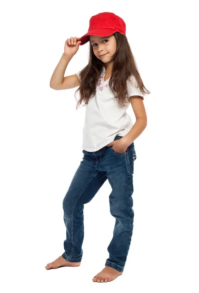 Sorrindo menina em chapéu vermelho — Fotografia de Stock