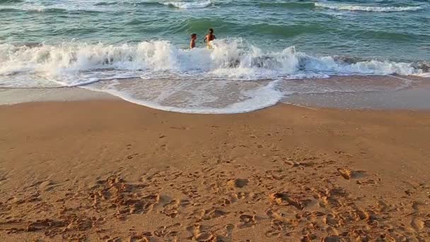 Kinderen lopen uit de zee — Stockvideo