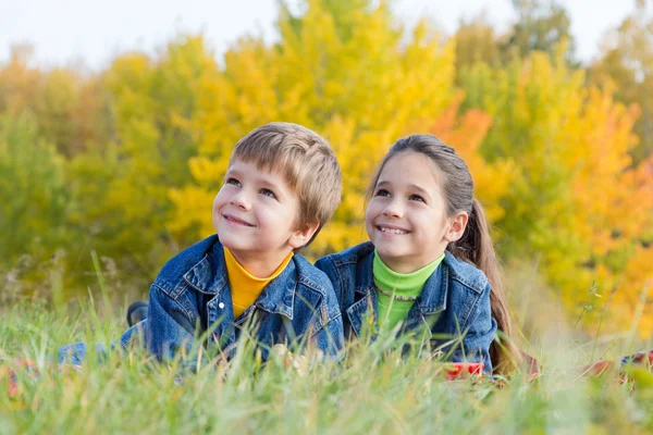 Due bambini sorridenti sul prato autunnale — Foto Stock