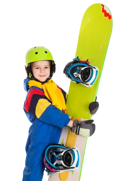 Счастливый мальчик с сноубордом — стоковое фото