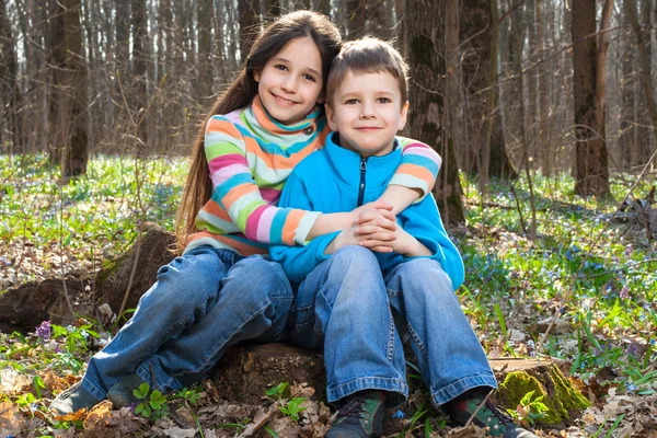 두 아이가 함께 숲에 앉아 — 스톡 사진