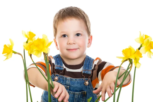 Malý chlapec s narcisy — Stock fotografie