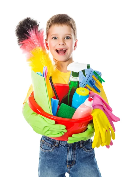 Rapaz feliz com ferramentas de limpeza — Fotografia de Stock
