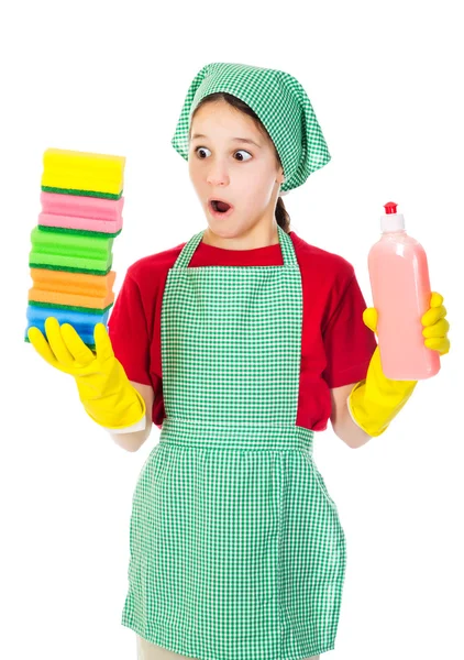 Chica sorprendida con esponjas de colores — Foto de Stock