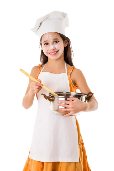 Smiling girl with pot and ladle — Stock Photo, Image