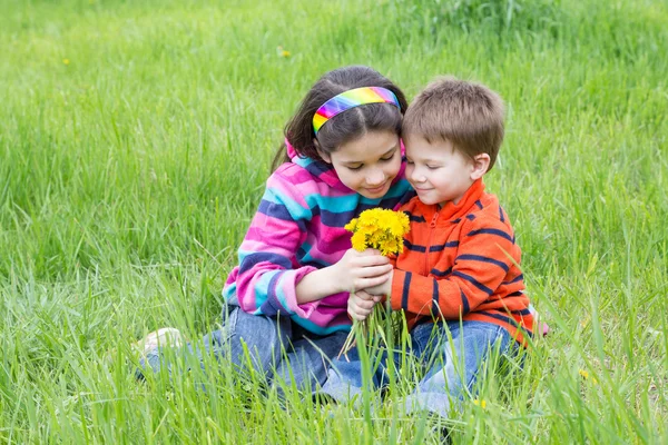 Two kids with dandelions on a meadow — Stock Photo, Image