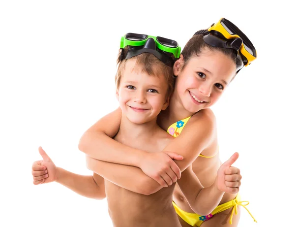 Two happy kids in diving masks — Stock Photo, Image