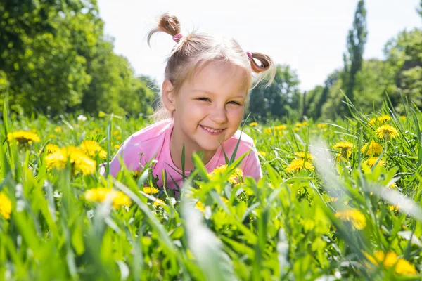 Meisje op veld met paardebloemen — Stockfoto