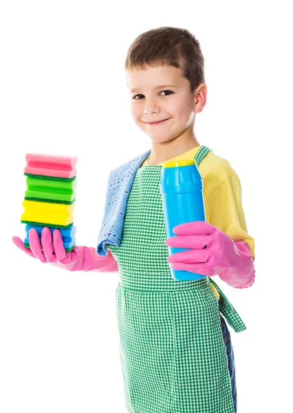 Lächelnder Junge mit bunten Schwämmen — Stockfoto