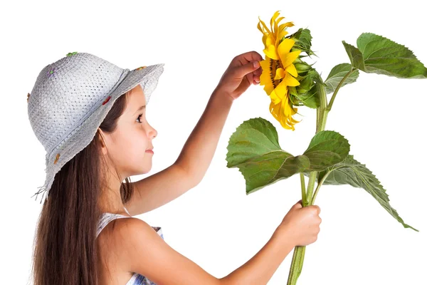 Chica sonriente con girasol — Foto de Stock