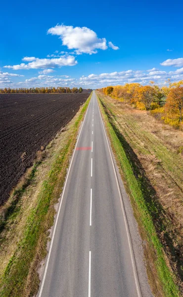 Luchtfoto Naar Herfst Zonnige Weg Het Veld Verticaal Panorama — Stockfoto