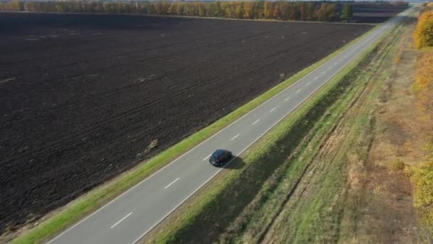 Вид с воздуха на автомобиль, движущийся по осенней дороге в полях — стоковое видео