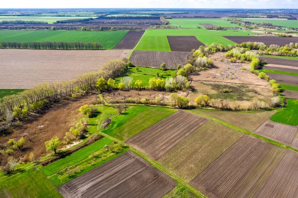 Aerial View Spring Landscape Green Fields Trees Dry River Ukraine — Stock Fotó