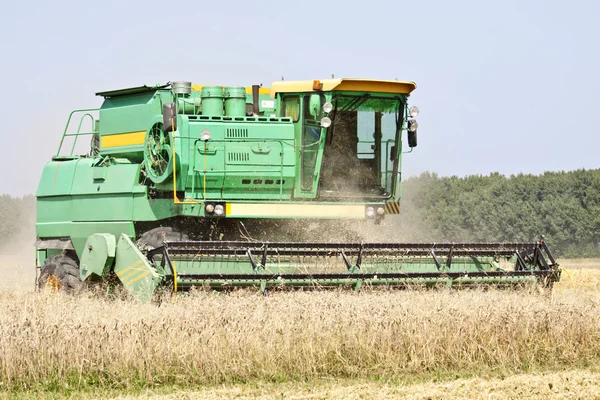 Erntemaschine bei der Arbeit in einem Weizenfeld Stockbild