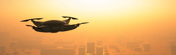 ドローンが上空を飛行し 一連の電子回路と部品を確認する3Dイラスト — ストック写真