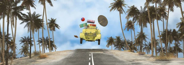 Üç boyutlu illüstrasyon. Arabadaki çılgın kadın plaja gidiyor.