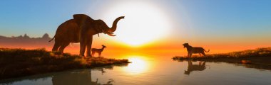 3d illustration of elephant facing lion defending a deer