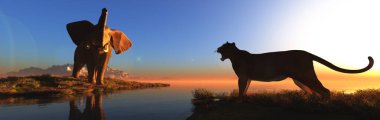 3d illustration of lion in front of elephant