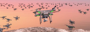 3D illüstrasyon, gökyüzündeki dron grubu