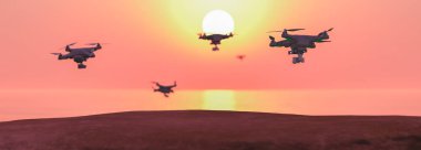 3D illüstrasyon, gökyüzündeki dron grubu