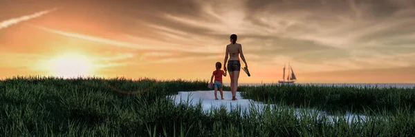 Illustration Mother Daughter Walking Beach — Stockfoto