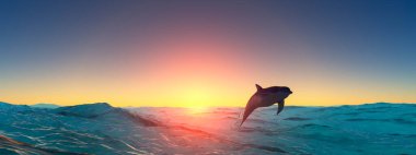 3d illustration of Old sailboat and sunset ,dolphin play