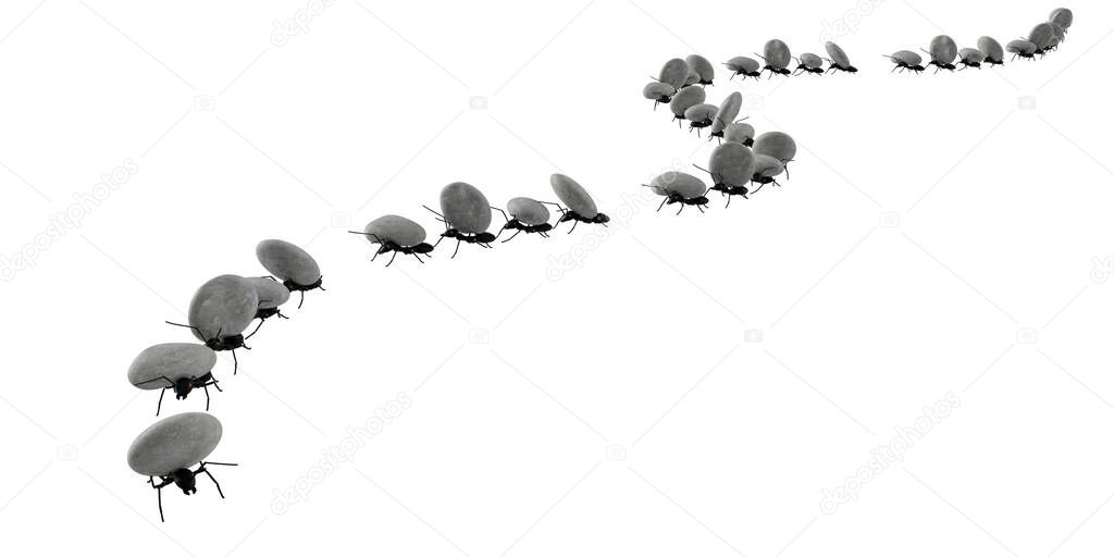 concept work, team of ants moving stones 3d illustration