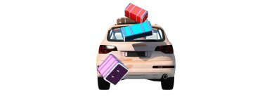 3d illustration of a car loaded with suitcases circulating 