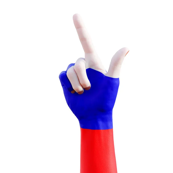 带俄罗斯国旗纹身 交流和民族概念的手部手势图解 — 图库照片