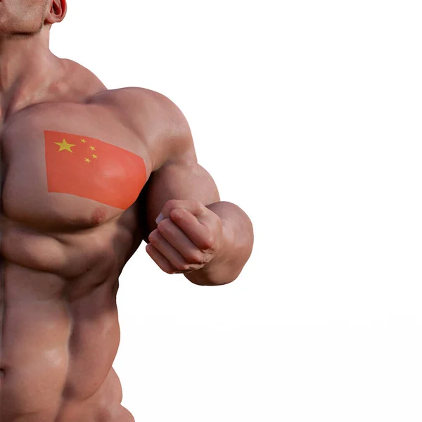 Illustratie Gespierde Man Met Getatoeëerde Vlag Van China — Stockfoto