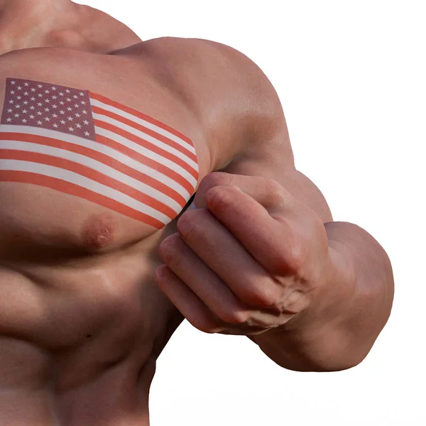 3Dイラスト Usaの入れ墨のフラグを持つ筋肉男 — ストック写真