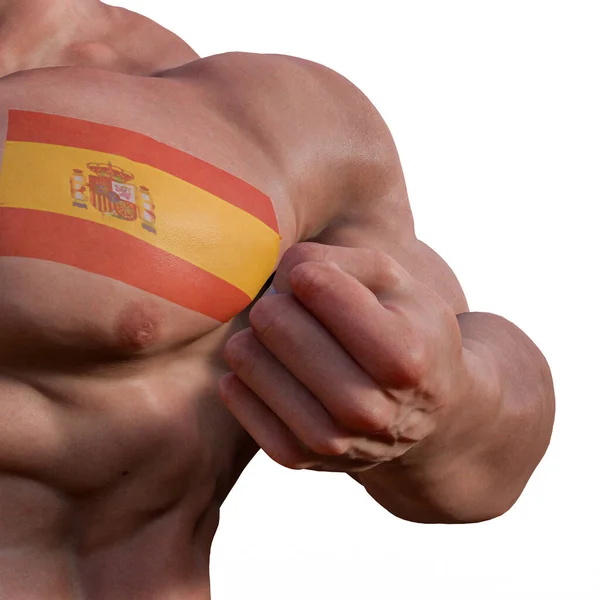 Ilustración Hombre Musculoso Con Bandera Tatuada España — Foto de Stock